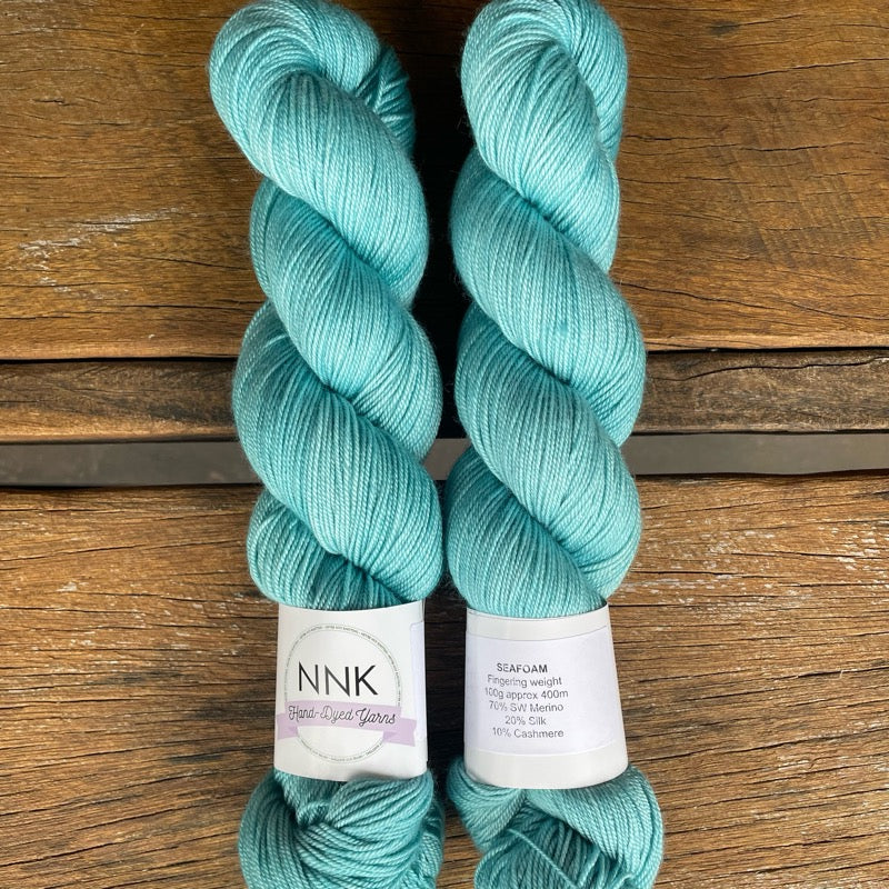 Seafoam - NNK Fingering weight 4 ply Merino Silk Cashmere. Perfect for garments, accessories, shawls, wraps, scarves. Knitting and crochet. Learn to knit and learn to crochet with this luxury yarn. Hand dyed in Brisbane Australia by an independent dyer.