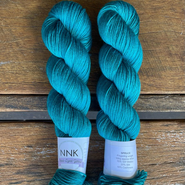 Spruce - NNK Fingering weight 4 ply Merino Silk Cashmere. Perfect for garments, accessories, shawls, wraps, scarves. Knitting and crochet. Learn to knit and learn to crochet with this luxury yarn. Hand dyed in Brisbane Australia by an independent dyer.
