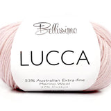 Enjoy Bellissimo Lucca Merino Wool and Cotton yarn. Available online or in store at Samford Valley, Brisbane yarn shop. Yarn suitable for crochet and knitting patterns. 8 ply DK yarn in a range of colours. Learn to knit, learn to crochet with this yarn. Knit or crochet garments, fashion accessories, blankets, scarves, baby and kids wear with Lucca.