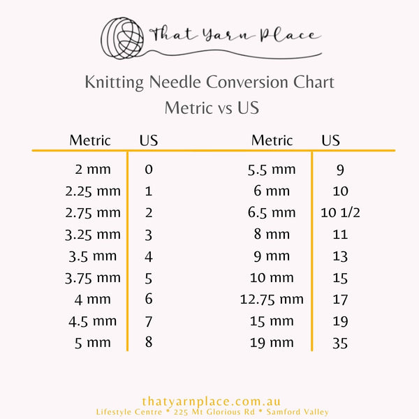 Knitting Needle Size Conversion Chart Metric vs US - That Yarn Place