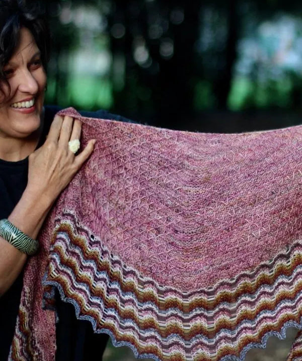 Knitted Lace Shawl with Multicoloured Striped Border | That Yarn Place
