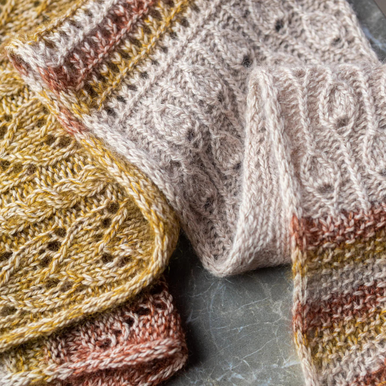 August Maker’s Club knitting project Glowhair Frost Scarflette displayed at a Brisbane yarn shop