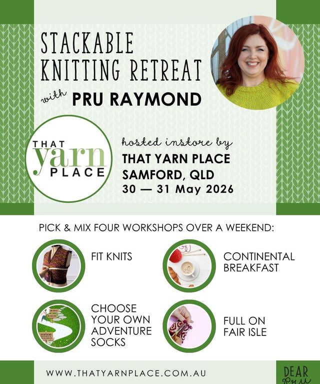 Dear Pru teaching multiple knitting workshops during the Stackable Knitting Retreat at That Yarn Place Samford Brisbane
