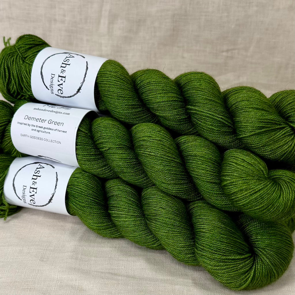 Ash & Eve Earth Goddess Collection 4 ply/fingering yarns - Demeter Green | 60% Superwash Merino  20% Silk & 20% Yak