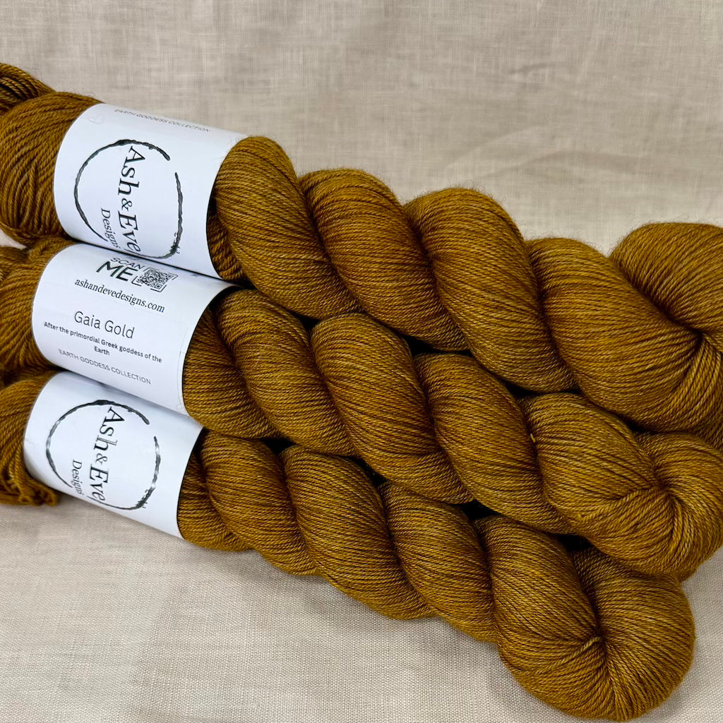 Ash & Eve Earth Goddess Collection 4 ply/fingering yarns - Gaia Gold | 60% Superwash Merino  20% Silk & 20% Yak