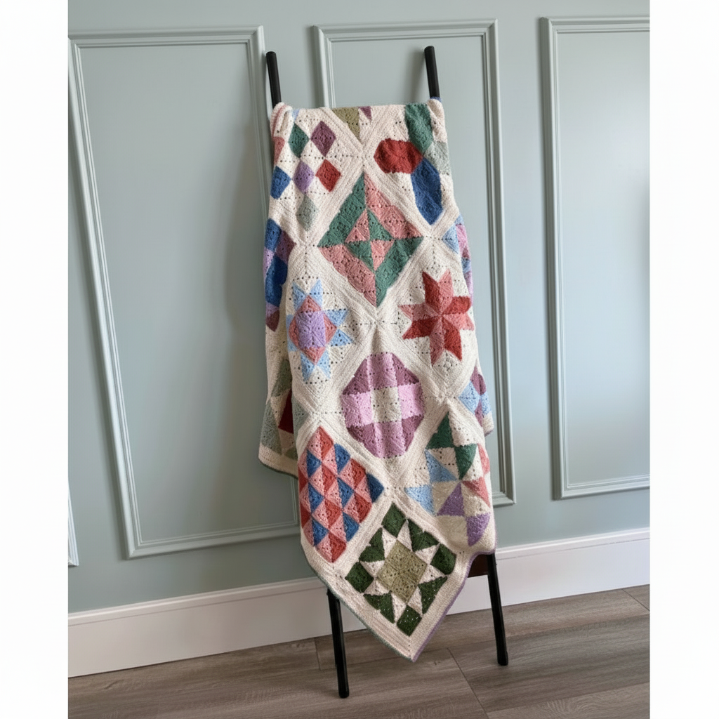 Colourful crochet Imagination Quilt by Meema Makes displayed for Maker’s Club workshop in Brisbane.