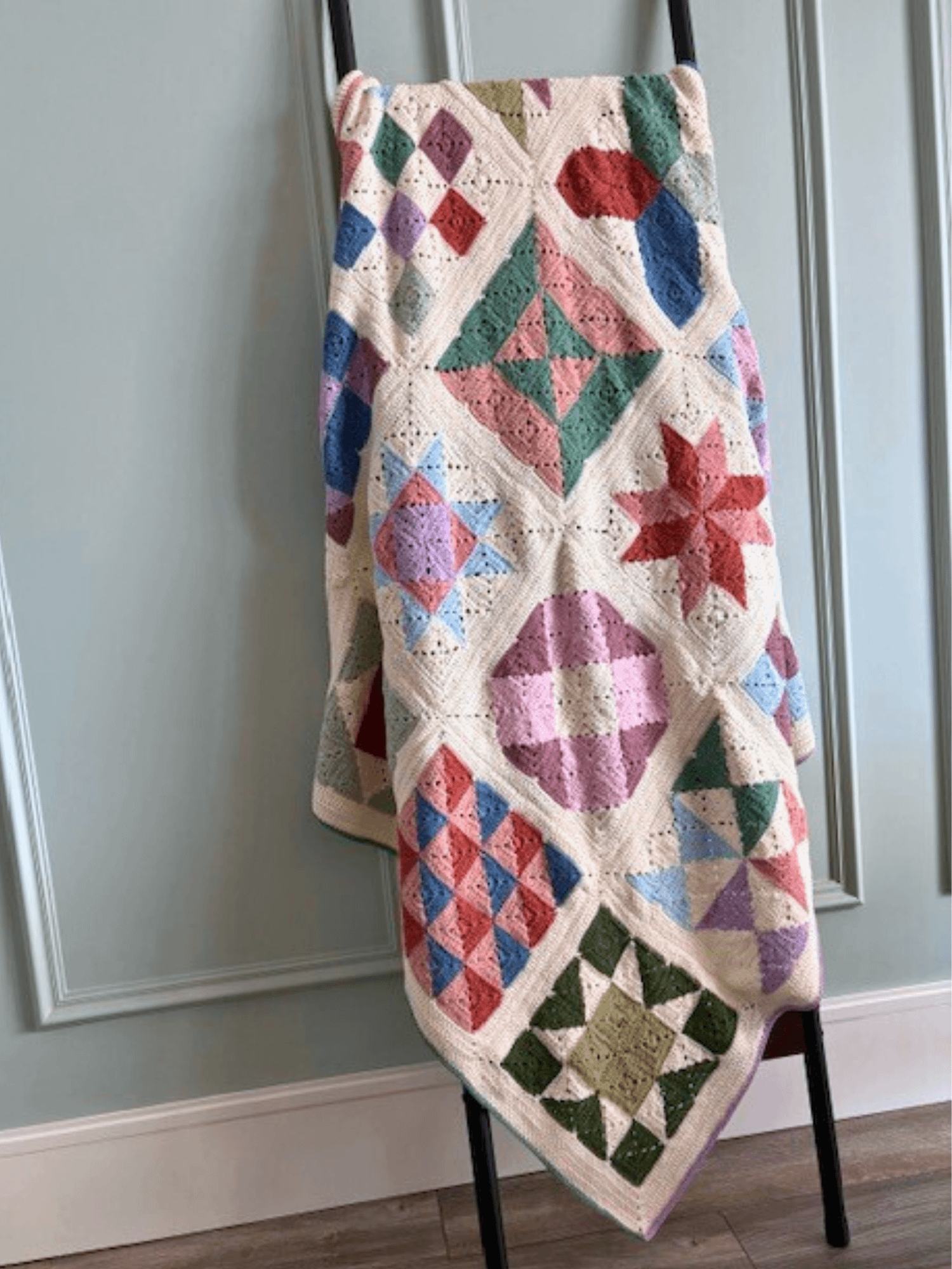 Colourful crochet Imagination Quilt by Meema Makes displayed for Maker’s Club workshop in Brisbane.