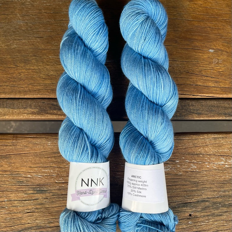 Arctic -  NNK Fingering weight 4 ply Merino Silk Cashmere.  Perfect for garments, accessories, shawls, wraps, scarves. Knitting and crochet.  Learn to knit and learn to crochet with this luxury yarn. Hand dyed in Brisbane Australia by an independent dyer.