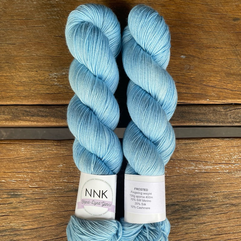 Frosted -  NNK Fingering weight 4 ply Merino Silk Cashmere.  Perfect for garments, accessories, shawls, wraps, scarves. Knitting and crochet.  Learn to knit and learn to crochet with this luxury yarn. Hand dyed in Brisbane Australia by an independent dyer.