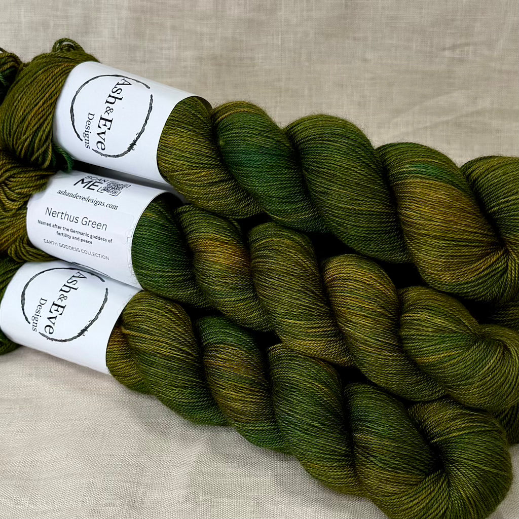 Ash & Eve Earth Goddess Collection 4 ply/fingering yarns - Nerthus Green | 60% Superwash Merino  20% Silk & 20% Yak