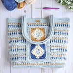 Diamond Daze Drawstring Tote Bag crochet project showing diamond stitch pattern, flat base, and shoulder straps