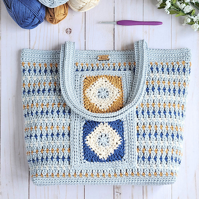 Diamond Daze Drawstring Tote Bag crochet project showing diamond stitch pattern, flat base, and shoulder straps