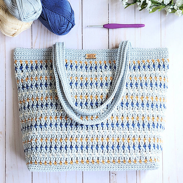 Diamond Daze Drawstring Tote Bag crocheted in cotton yarn with drawstring top and optional front pocket