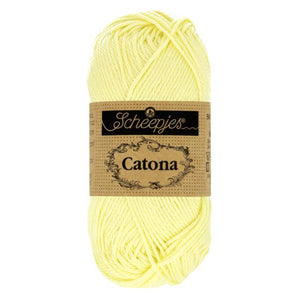 Scheepjes Catona mercerised cotton yarn in Lemon Chiffon 100. Available online or in store at Samford Valley yarn shop. Yarn suitable for crochet and knitting patterns. 4 ply fingering weight yarn in a range of colours. Learn to knit or crochet with us. Make garments, baby blankets, amigurumi, mosaic crochet with Scheepjes Catona.