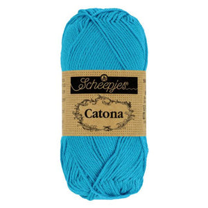 Scheepjes Catona mercerised cotton yarn in Vivid Blue 146. Available online or in store at Samford Valley yarn shop. Yarn suitable for crochet and knitting patterns. 4 ply fingering weight yarn in a range of colours. Learn to knit or crochet with us. Make garments, baby blankets, amigurumi, mosaic crochet with Scheepjes Catona.