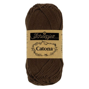 Scheepjes Catona mercerised cotton yarn in Black coffee 162. Available online or in store at Samford Valley yarn shop. Yarn suitable for crochet and knitting patterns. 4 ply fingering weight yarn in a range of colours. Learn to knit or crochet with us. Make garments, baby blankets, amigurumi, mosaic crochet with Scheepjes Catona.