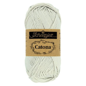 Scheepjes Catona mercerised cotton yarn in Light Silver 172. Available online or in store at Samford Valley yarn shop. Yarn suitable for crochet and knitting patterns. 4 ply fingering weight yarn in a range of colours. Learn to knit or crochet with us. Make garments, baby blankets, amigurumi, mosaic crochet with Scheepjes Catona.