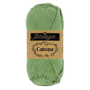 Scheepjes Catona mercerised cotton yarn in Sage Green 212. Available online or in store at Samford Valley yarn shop. Yarn suitable for crochet and knitting patterns. 4 ply fingering weight yarn in a range of colours. Learn to knit or crochet with us. Make garments, baby blankets, amigurumi, mosaic crochet with Scheepjes Catona.