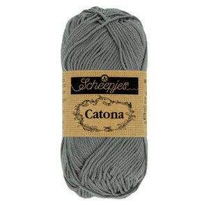 Scheepjes Catona mercerised cotton yarn in Metal Grey 242. Available online or in store at Samford Valley yarn shop. Yarn suitable for crochet and knitting patterns. 4 ply fingering weight yarn in a range of colours. Learn to knit or crochet with us. Make garments, baby blankets, amigurumi, mosaic crochet with Scheepjes Catona.