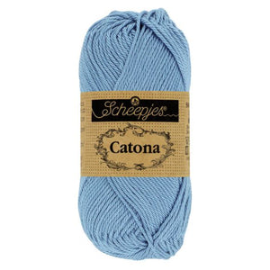 Scheepjes Catona mercerised cotton yarn in Bluebird 247. Available online or in store at Samford Valley yarn shop. Yarn suitable for crochet and knitting patterns. 4 ply fingering weight yarn in a range of colours. Learn to knit or crochet with us. Make garments, baby blankets, amigurumi, mosaic crochet with Scheepjes Catona.