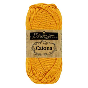 Scheepjes Catona mercerised cotton yarn in Saffron 249. Available online or in store at Samford Valley yarn shop. Yarn suitable for crochet and knitting patterns. 4 ply fingering weight yarn in a range of colours. Learn to knit or crochet with us. Make garments, baby blankets, amigurumi, mosaic crochet with Scheepjes Catona.