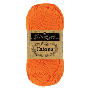 Scheepjes Catona mercerised cotton yarn in tangerine 281. Available online or in store at Samford Valley yarn shop. Yarn suitable for crochet and knitting patterns. 4 ply fingering weight yarn in a range of colours. Learn to knit or crochet with us. Make garments, baby blankets, amigurumi, mosaic crochet with Scheepjes Catona.