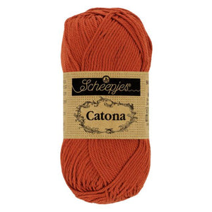 Scheepjes Catona mercerised cotton yarn in rust 388. Available online or in store at Samford Valley yarn shop. Yarn suitable for crochet and knitting patterns. 4 ply fingering weight yarn in a range of colours. Learn to knit or crochet with us. Make garments, baby blankets, amigurumi, mosaic crochet with Scheepjes Catona.