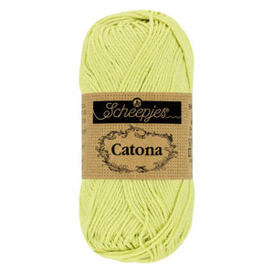 Scheepjes Catona mercerised cotton yarn in Lime Juice 392. Available online or in store at Samford Valley yarn shop. Yarn suitable for crochet and knitting patterns. 4 ply fingering weight yarn in a range of colours. Learn to knit or crochet with us. Make garments, baby blankets, amigurumi, mosaic crochet with Scheepjes Catona.