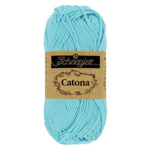 Scheepjes Catona mercerised cotton yarn in Cyan 397. Available online or in store at Samford Valley yarn shop. Yarn suitable for crochet and knitting patterns. 4 ply fingering weight yarn in a range of colours. Learn to knit or crochet with us. Make garments, baby blankets, amigurumi, mosaic crochet with Scheepjes Catona.