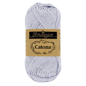 Scheepjes Catona mercerised cotton yarn in Lilac Mist 399. Available online or in store at Samford Valley yarn shop. Yarn suitable for crochet and knitting patterns. 4 ply fingering weight yarn in a range of colours. Learn to knit or crochet with us. Make garments, baby blankets, amigurumi, mosaic crochet with Scheepjes Catona.