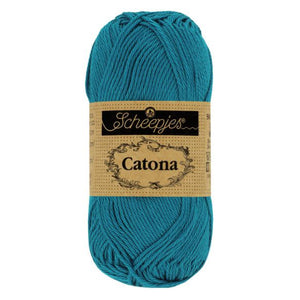 Scheepjes Catona mercerised cotton yarn in Petrol Blue 400. Available online or in store at Samford Valley yarn shop. Yarn suitable for crochet and knitting patterns. 4 ply fingering weight yarn in a range of colours. Learn to knit or crochet with us. Make garments, baby blankets, amigurumi, mosaic crochet with Scheepjes Catona.