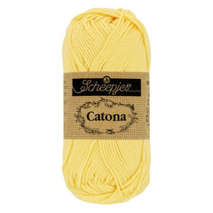 Scheepjes Catona mercerised cotton yarn in Lemonade 403. Available online or in store at Samford Valley yarn shop. Yarn suitable for crochet and knitting patterns. 4 ply fingering weight yarn in a range of colours. Learn to knit or crochet with us. Make garments, baby blankets, amigurumi, mosaic crochet with Scheepjes Catona.