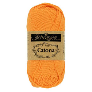 Scheepjes Catona mercerised cotton yarn in sweet orange 411. Available online or in store at Samford Valley yarn shop. Yarn suitable for crochet and knitting patterns. 4 ply fingering weight yarn in a range of colours. Learn to knit or crochet with us. Make garments, baby blankets, amigurumi, mosaic crochet with Scheepjes Catona.