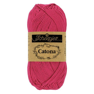 Scheepjes Catona mercerised cotton yarn in Cherry 413. Available online or in store at Samford Valley yarn shop. Yarn suitable for crochet and knitting patterns. 4 ply fingering weight yarn in a range of colours. Learn to knit or crochet with us. Make garments, baby blankets, amigurumi, mosaic crochet with Scheepjes Catona.