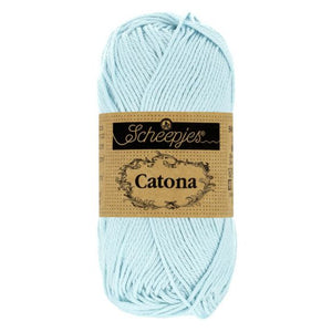 Scheepjes Catona mercerised cotton yarn in Baby Blue 509. Available online or in store at Samford Valley yarn shop. Yarn suitable for crochet and knitting patterns. 4 ply fingering weight yarn in a range of colours. Learn to knit or crochet with us. Make garments, baby blankets, amigurumi, mosaic crochet with Scheepjes Catona.