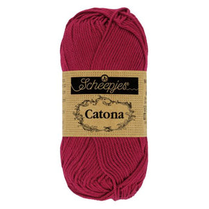 Scheepjes Catona mercerised cotton yarn in Ruby 517. Available online or in store at Samford Valley yarn shop. Yarn suitable for crochet and knitting patterns. 4 ply fingering weight yarn in a range of colours. Learn to knit or crochet with us. Make garments, baby blankets, amigurumi, mosaic crochet with Scheepjes Catona.