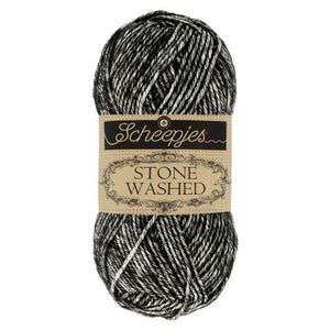 Scheepjes Stonewashed cotton acrylic blend yarn in 803 Black Onyx. Available online or in store at Samford Valley yarn shop. Yarn suitable for crochet and knitting patterns. Sport weight yarn in a range of colours. Learn to knit or crochet with us. Make garments, baby blankets, amigurumi, mosaic crochet with Scheepjes Stone Washed. Perfect yarn for Mobius Girl Marguerite blanket and Attic 24 ripple blanket.