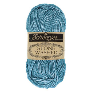 Scheepjes Stonewashed cotton acrylic blend yarn in 805 Blue Apatite. Available online or in store at Samford Valley yarn shop. Yarn suitable for crochet and knitting patterns. Sport weight yarn in a range of colours. Learn to knit or crochet with us. Make garments, baby blankets, amigurumi, mosaic crochet with Scheepjes Stone Washed. Perfect yarn for Mobius Girl Marguerite blanket and Attic 24 ripple blanket.