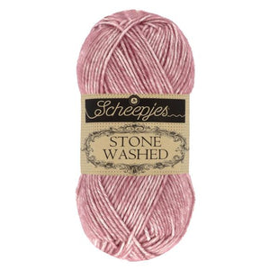 Scheepjes Stonewashed cotton acrylic blend yarn in 808 Corundum Ruby. Available online or in store at Samford Valley yarn shop. Yarn suitable for crochet and knitting patterns. Sport weight yarn in a range of colours. Learn to knit or crochet with us. Make garments, baby blankets, amigurumi, mosaic crochet with Scheepjes Stone Washed. Perfect yarn for Mobius Girl Marguerite blanket and Attic 24 ripple blanket.