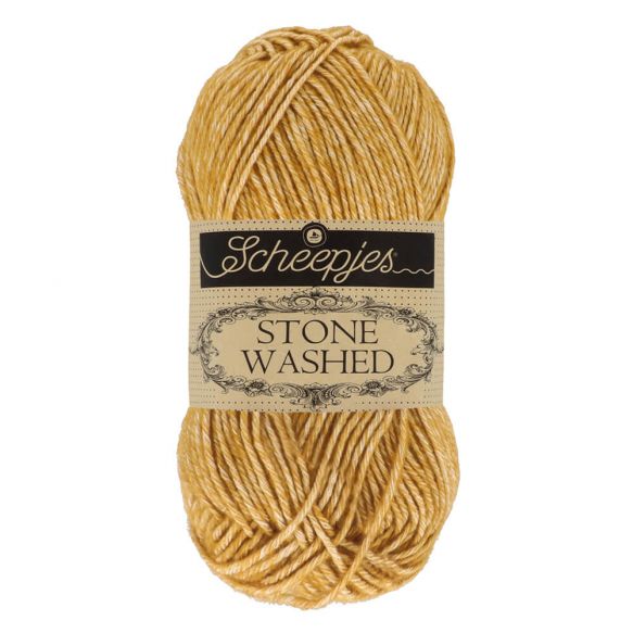 Scheepjes Stonewashed cotton acrylic blend yarn in 809 Yellow Jasper. Available online or in store at Samford Valley yarn shop. Yarn suitable for crochet and knitting patterns. Sport weight yarn in a range of colours. Learn to knit or crochet with us. Make garments, baby blankets, amigurumi, mosaic crochet with Scheepjes Stone Washed. Perfect yarn for Mobius Girl Marguerite blanket and Attic 24 ripple blanket.