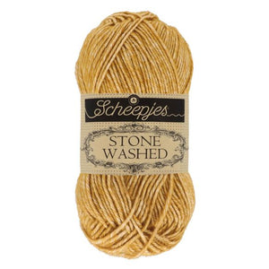 Scheepjes Stonewashed cotton acrylic blend yarn in 809 Yellow Jasper. Available online or in store at Samford Valley yarn shop. Yarn suitable for crochet and knitting patterns. Sport weight yarn in a range of colours. Learn to knit or crochet with us. Make garments, baby blankets, amigurumi, mosaic crochet with Scheepjes Stone Washed. Perfect yarn for Mobius Girl Marguerite blanket and Attic 24 ripple blanket.