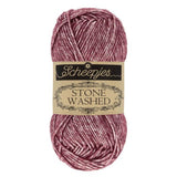 Scheepjes Stonewashed cotton acrylic blend yarn in 810 Garnet. Available online or in store at Samford Valley yarn shop. Yarn suitable for crochet and knitting patterns. Sport weight yarn in a range of colours. Learn to knit or crochet with us. Make garments, baby blankets, amigurumi, mosaic crochet with Scheepjes Stone Washed. Perfect yarn for Mobius Girl Marguerite blanket and Attic 24 ripple blanket.