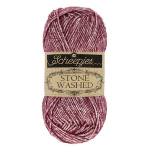 Scheepjes Stonewashed cotton acrylic blend yarn in 810 Garnet. Available online or in store at Samford Valley yarn shop. Yarn suitable for crochet and knitting patterns. Sport weight yarn in a range of colours. Learn to knit or crochet with us. Make garments, baby blankets, amigurumi, mosaic crochet with Scheepjes Stone Washed. Perfect yarn for Mobius Girl Marguerite blanket and Attic 24 ripple blanket.