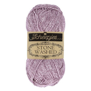 Scheepjes Stonewashed cotton acrylic blend yarn in 811 Deep Amethyst. Available online or in store at Samford Valley yarn shop. Yarn suitable for crochet and knitting patterns. Sport weight yarn in a range of colours. Learn to knit or crochet with us. Make garments, baby blankets, amigurumi, mosaic crochet with Scheepjes Stone Washed. Perfect yarn for Mobius Girl Marguerite blanket and Attic 24 ripple blanket.