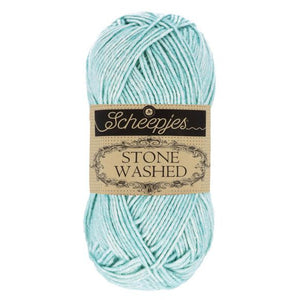 Scheepjes Stonewashed cotton acrylic blend yarn in 813 Amazonite. Available online or in store at Samford Valley yarn shop. Yarn suitable for crochet and knitting patterns. Sport weight yarn in a range of colours. Learn to knit or crochet with us. Make garments, baby blankets, amigurumi, mosaic crochet with Scheepjes Stone Washed. Perfect yarn for Mobius Girl Marguerite blanket and Attic 24 ripple blanket.