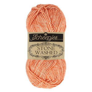 Scheepjes Stonewashed cotton acrylic blend yarn in 816 Coral. Available online or in store at Samford Valley yarn shop. Yarn suitable for crochet and knitting patterns. Sport weight yarn in a range of colours. Learn to knit or crochet with us. Make garments, baby blankets, amigurumi, mosaic crochet with Scheepjes Stone Washed. Perfect yarn for Mobius Girl Marguerite blanket and Attic 24 ripple blanket.