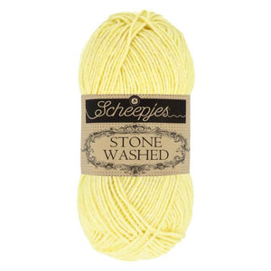 Scheepjes Stonewashed cotton acrylic blend yarn in 817 Citrine. Available online or in store at Samford Valley yarn shop. Yarn suitable for crochet and knitting patterns. Sport weight yarn in a range of colours. Learn to knit or crochet with us. Make garments, baby blankets, amigurumi, mosaic crochet with Scheepjes Stone Washed. Perfect yarn for Mobius Girl Marguerite blanket and Attic 24 ripple blanket.