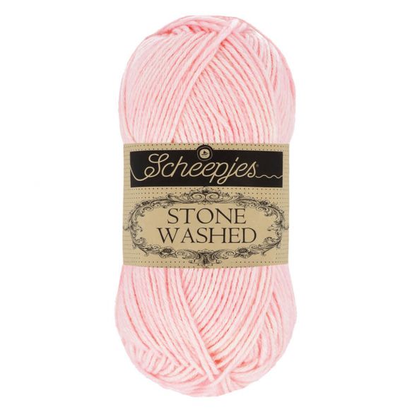 Scheepjes Stonewashed cotton acrylic blend yarn in 820 Rose Quartz. Available online or in store at Samford Valley yarn shop. Yarn suitable for crochet and knitting patterns. Sport weight yarn in a range of colours. Learn to knit or crochet with us. Make garments, baby blankets, amigurumi, mosaic crochet with Scheepjes Stone Washed. Perfect yarn for Mobius Girl Marguerite blanket and Attic 24 ripple blanket.