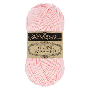 Scheepjes Stonewashed cotton acrylic blend yarn in 820 Rose Quartz. Available online or in store at Samford Valley yarn shop. Yarn suitable for crochet and knitting patterns. Sport weight yarn in a range of colours. Learn to knit or crochet with us. Make garments, baby blankets, amigurumi, mosaic crochet with Scheepjes Stone Washed. Perfect yarn for Mobius Girl Marguerite blanket and Attic 24 ripple blanket.