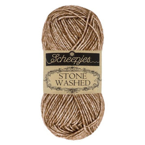 Scheepjes Stonewashed cotton acrylic blend yarn in 822 Brown Agate. Available online or in store at Samford Valley yarn shop. Yarn suitable for crochet and knitting patterns. Sport weight yarn in a range of colours. Learn to knit or crochet with us. Make garments, baby blankets, amigurumi, mosaic crochet with Scheepjes Stone Washed. Perfect yarn for Mobius Girl Marguerite blanket and Attic 24 ripple blanket.